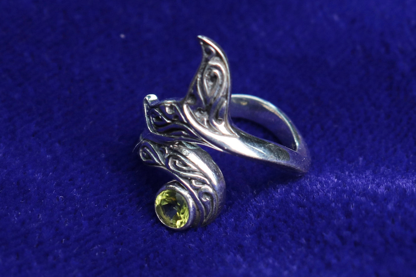 Whale Tail Ring Tribal Polynesian Tattoo Design. Peridot. Sterling Silver.