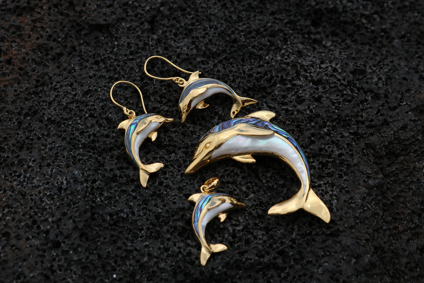 18K Gold Vermeil Aumakua Dolphin Necklace Pendant. Abalone Paua Shell, Mother of Pearl, Sterling Silver, 18K Gold.