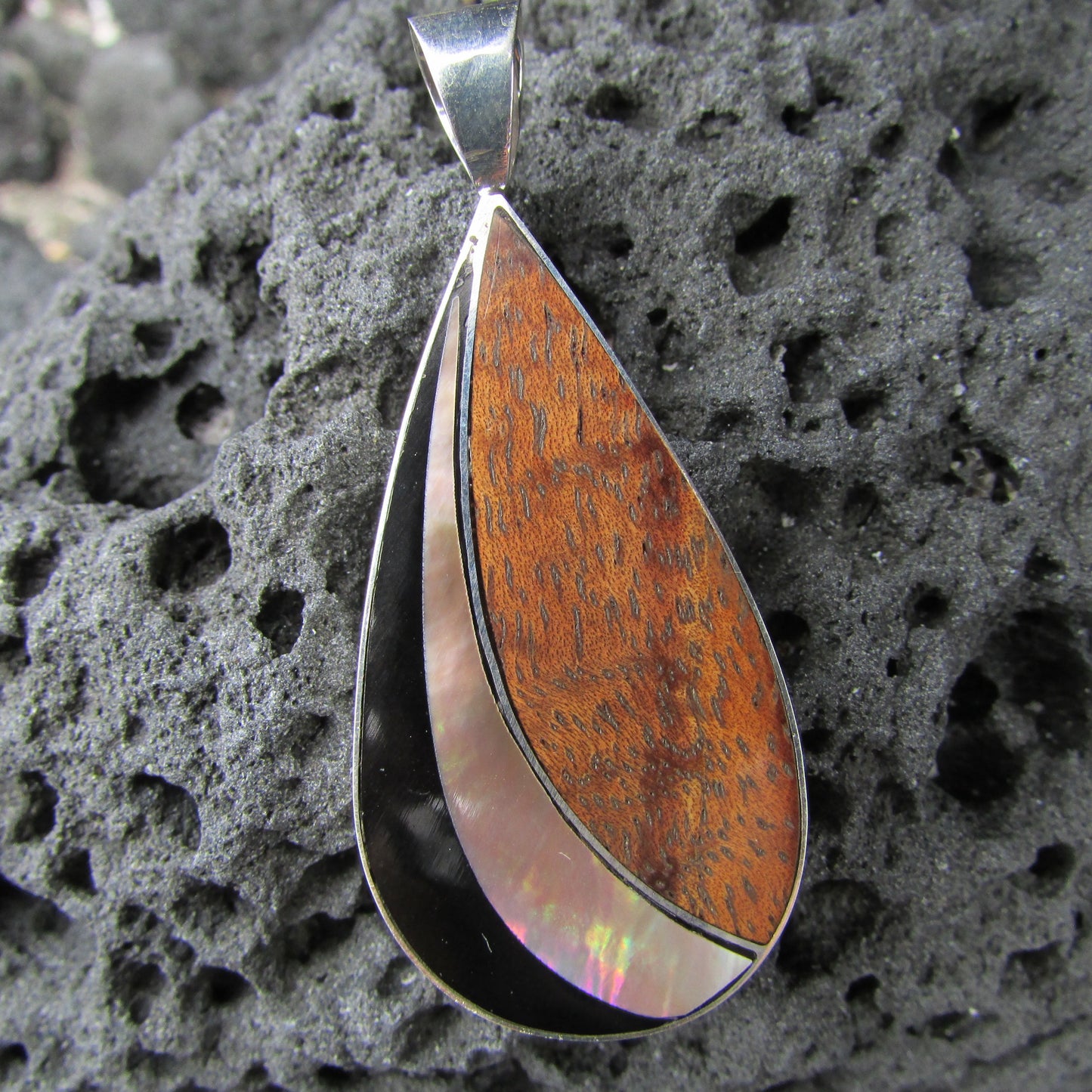 Teardrop Necklace Pendant | Black Ouster Shell | Sterling Silver | Koa Wood | Gift | Jewelry | Handmade | Unique