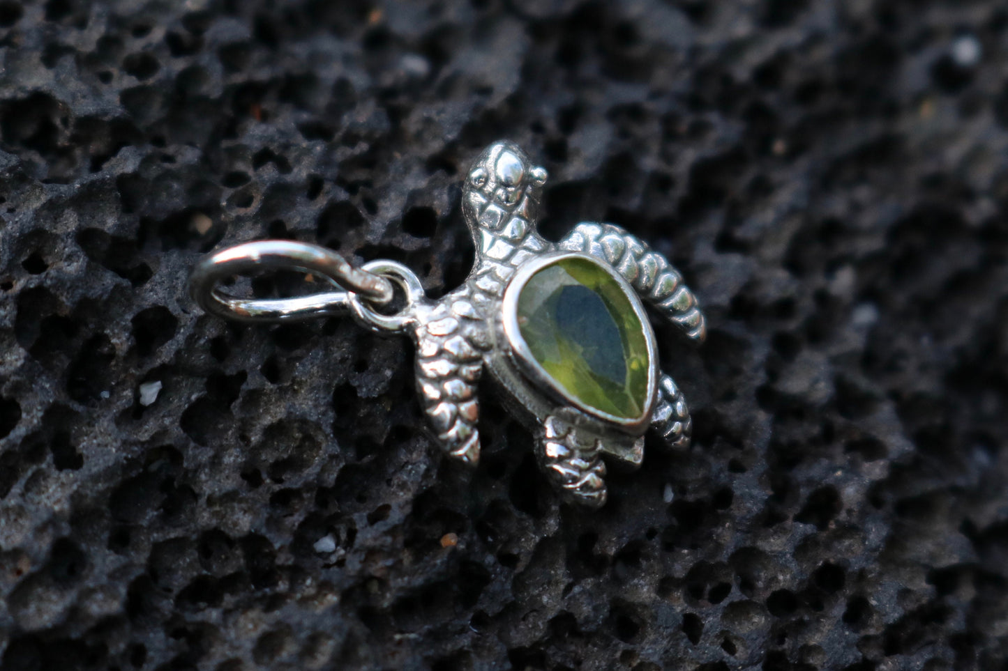 Turtle Charm Peridot Necklace Pendant. Sterling Silver.
