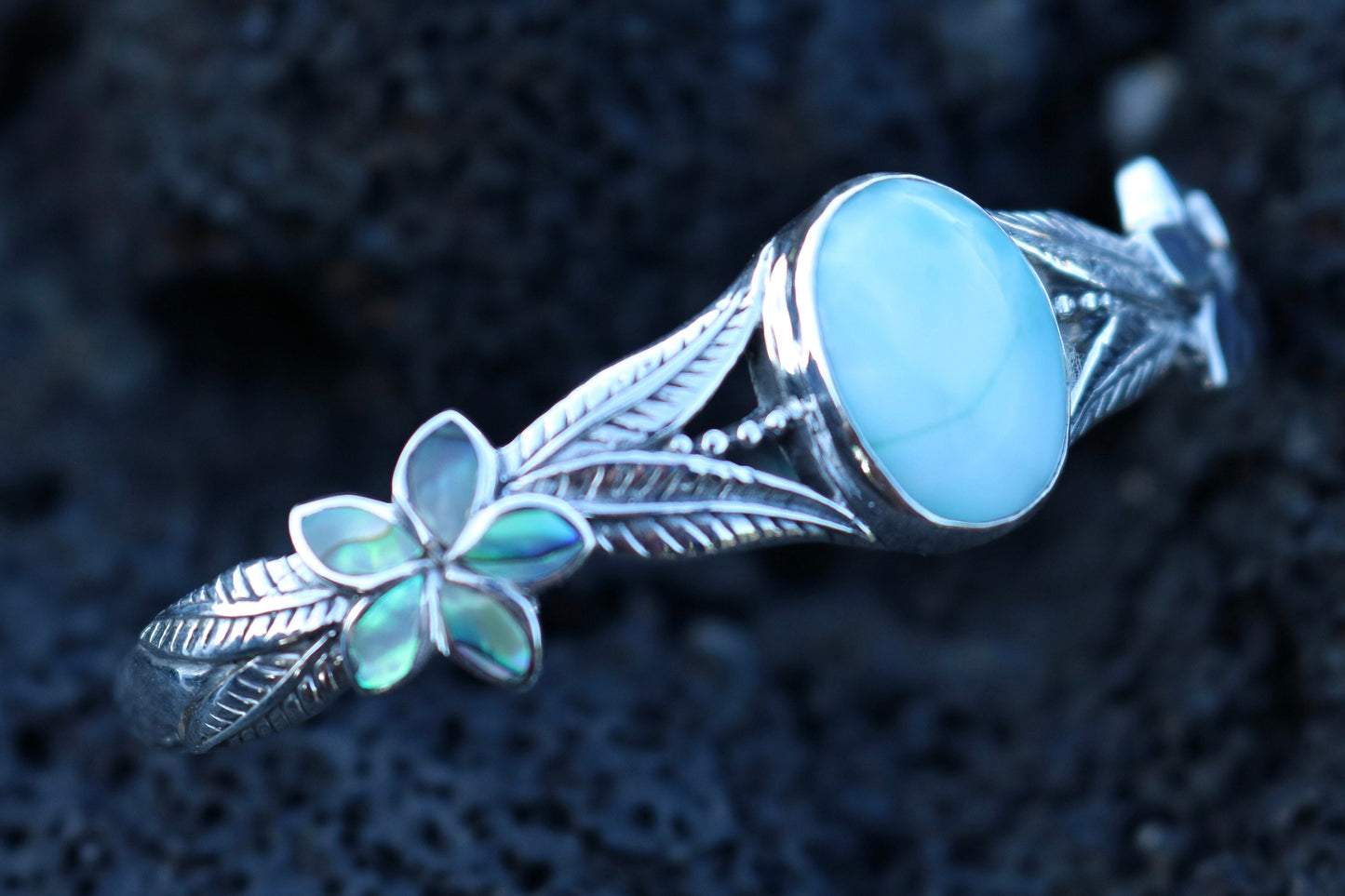 Larimar Cuff Bracelet with Plumeria Flower. Abalone Paua Shell and Sterling Silver.