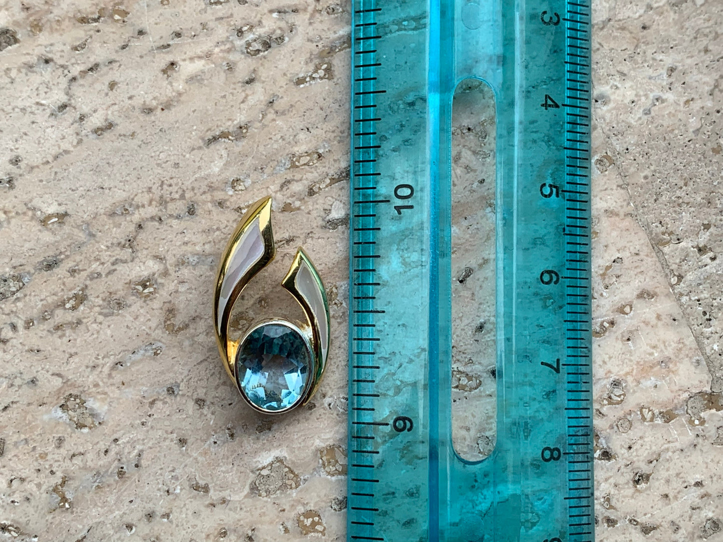 Wave Pendant. Blue Swiss Topaz, Mother of Pearl, Gold Vermeil.