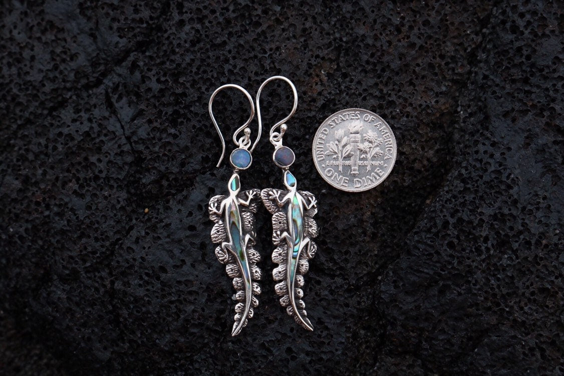 Lizard Salamander Hawaiian Gecko Aumakua Handmade Earrings. Rainbow Opal, Abalone Paua Shell, Sterling Silver.