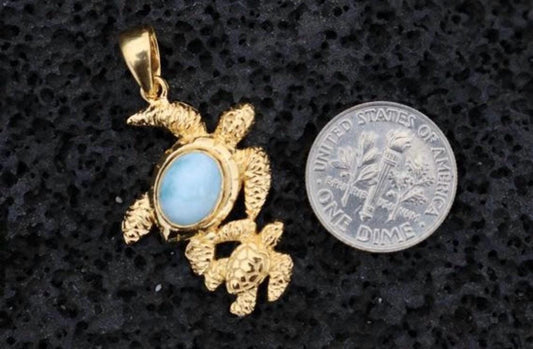 18k gold vermeil and larimar turtle (mom with baby) pendant necklace. Hawaiian Honu.