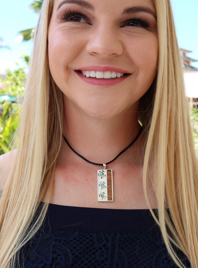 Triple Sea Turtle Necklace Pendant | Koa Wood | Abalone Paua Shell | Sterling Silver | Ocean | Beach | Gift | Jewelry | Handmade | Unique