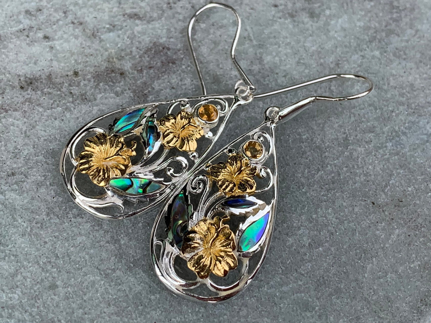 Hibiscus Flower Citrine Silver Gold Abalone Shell Earrings
