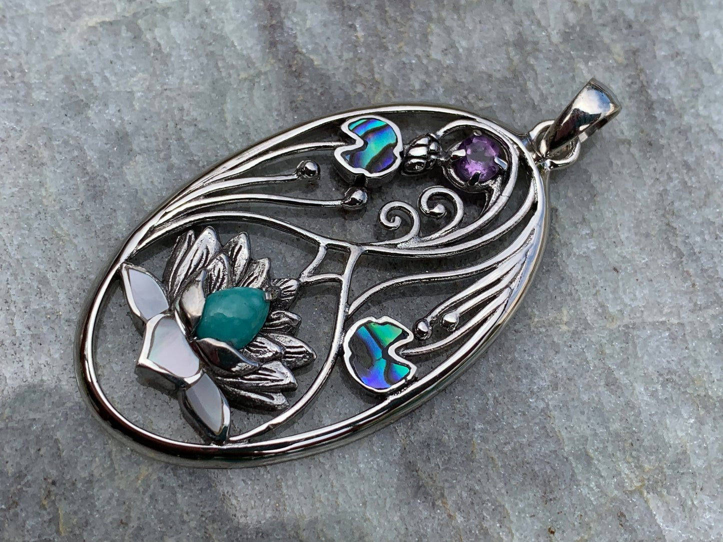Turquoise Amethyst Lotus Necklace Pendant. Sterling Silver. Abalone Shell, Mother of Pearl.
