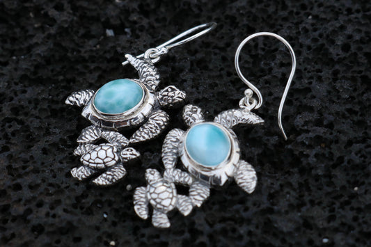 Larimar Turtles Dangle Drop Earrings. Sterling Silver.