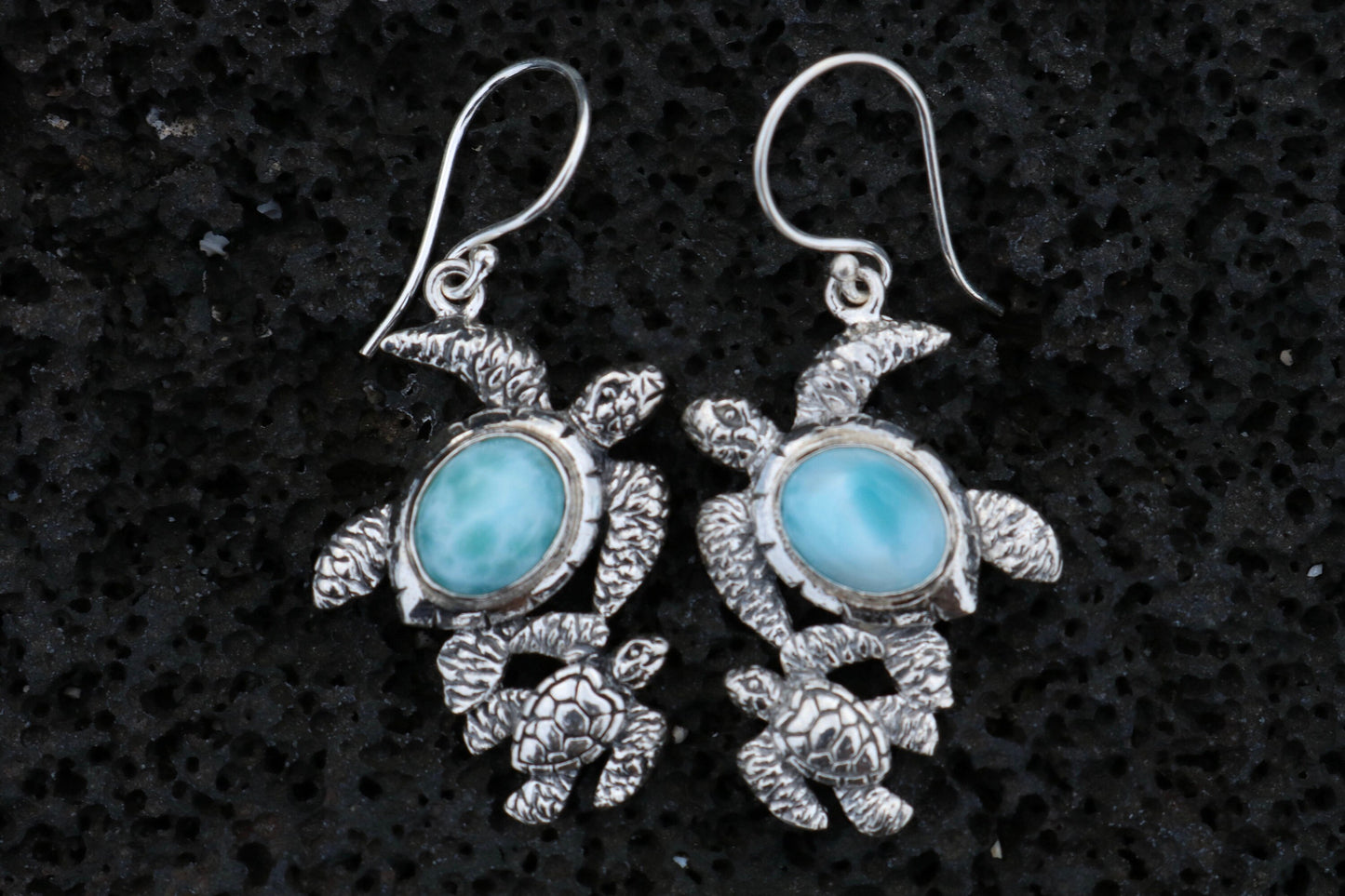 Larimar Turtles Dangle Drop Earrings. Sterling Silver.
