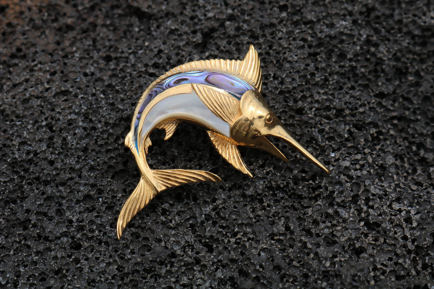18K Gold Vermeil Aumakua Marlin Fish Necklace Pendant. Abalone Paua Shell, Mother of Pearl. Gift for Real Fisherman. Billfisher Kona.