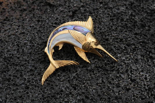 18K Gold Vermeil Aumakua Marlin Fish Necklace Pendant. Abalone Paua Shell, Mother of Pearl. Gift for Real Fisherman. Billfisher Kona.