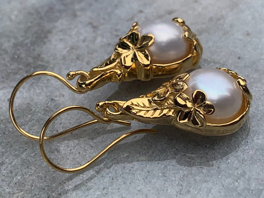 18k gold vermeil white mabe pearl plumeria flower earrings.