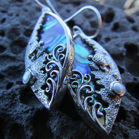 Sea Turtle Wave Earrings | Paua Abalone Shell | Sterling Silver | Ocean | Beach | Gift | Jewelry | Handmade | Unique