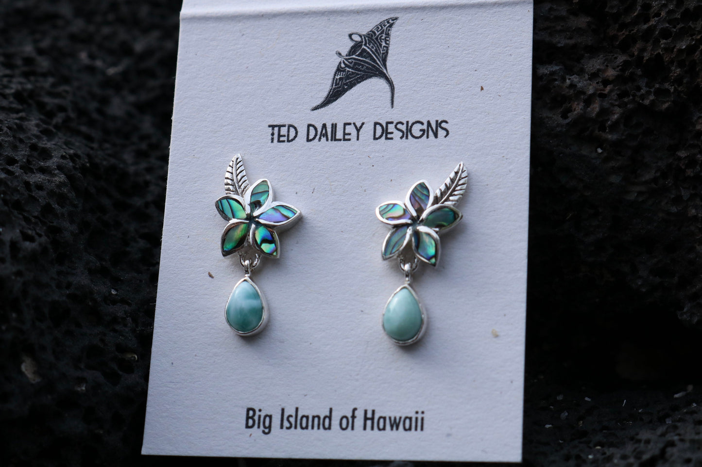 Plumeria Flower Larimar Abalone Shell Stud Earrings. Sterling Silver.