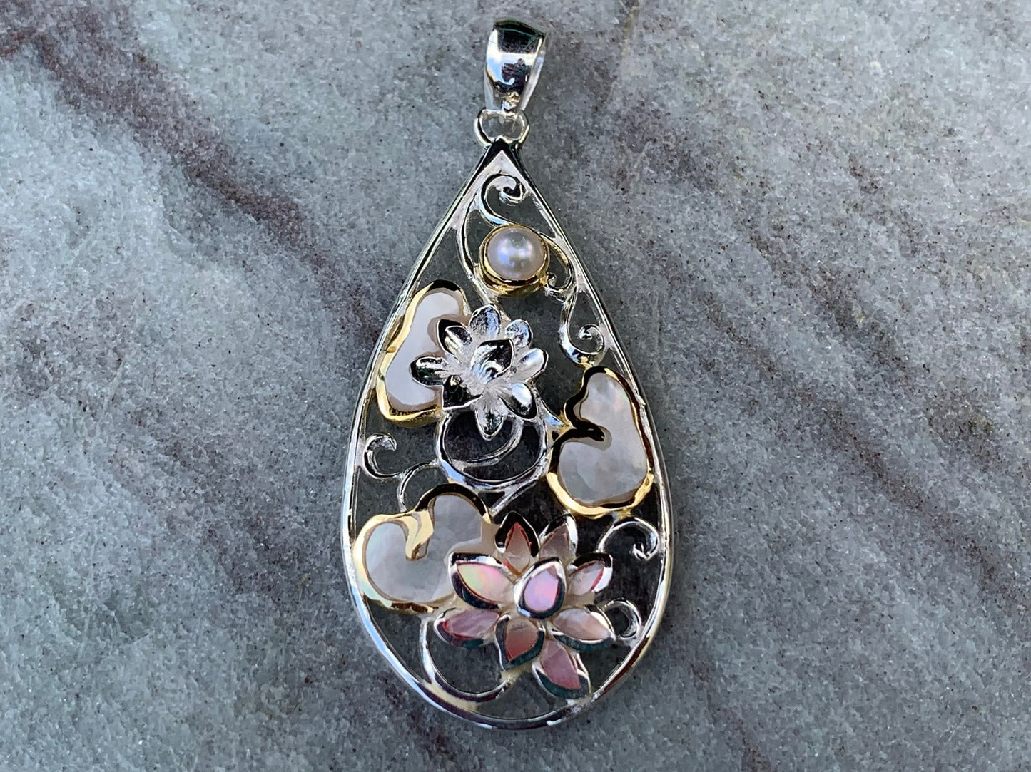 Pink Lotus Flower Necklace Pendant. Sterling Silver, Pearl, Gold, Mother of Pearl.