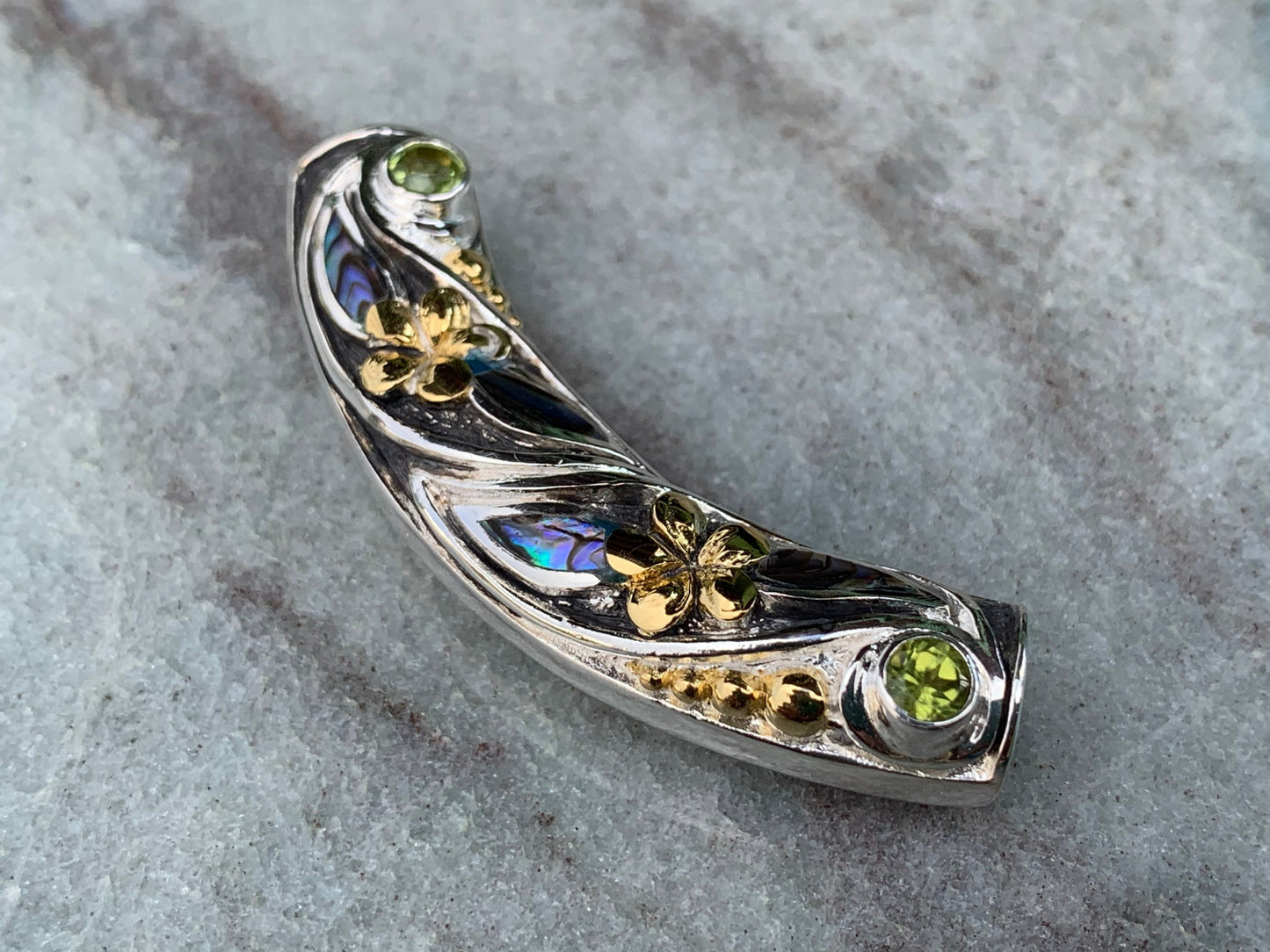Plumeria Slider Necklace Pendant. 2 Peridot Gemstones, Abalone Shell, Sterling Silver, 18K Gold.