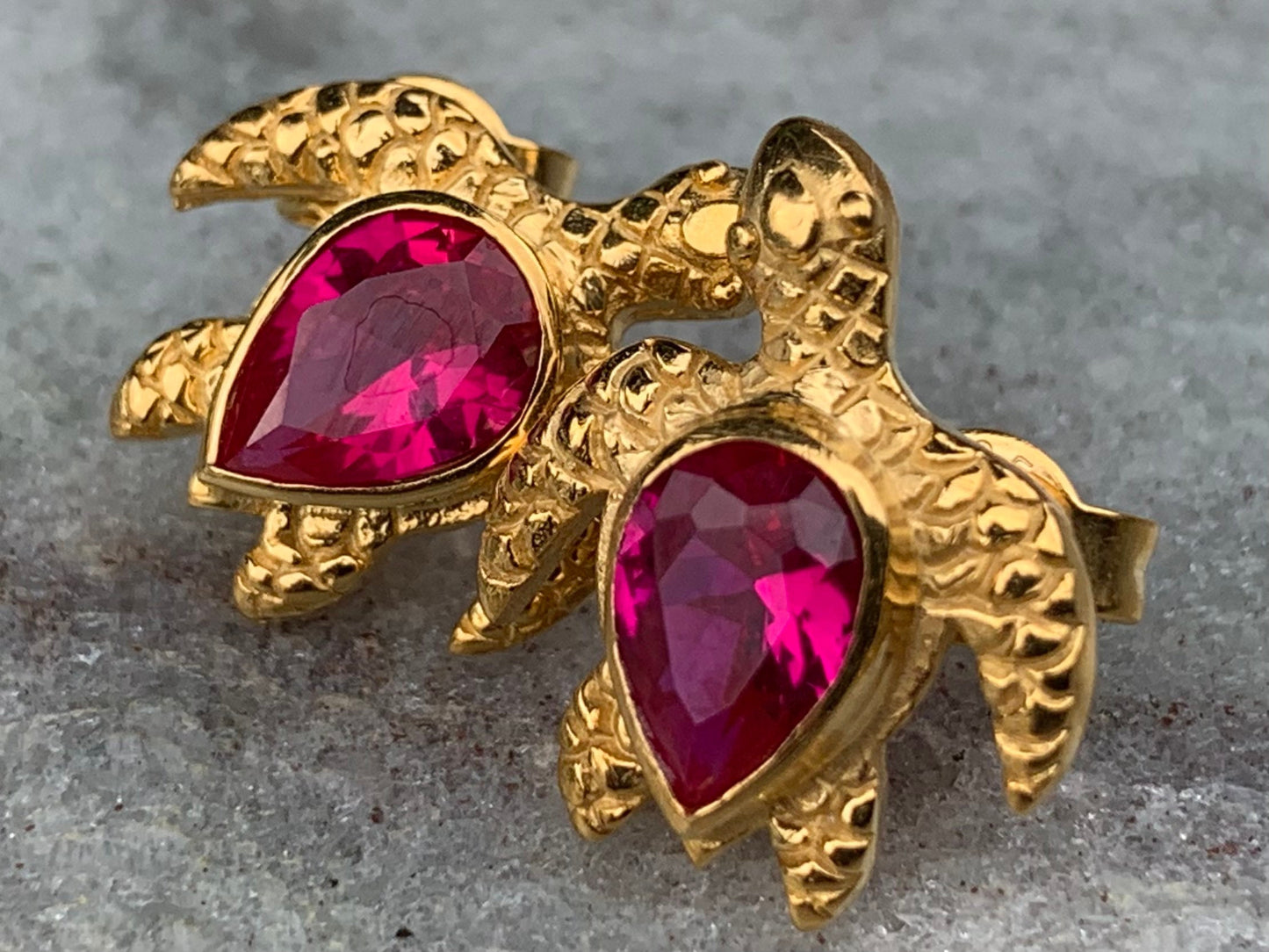 18k gold vermeil ruby turtle earrings studs.
