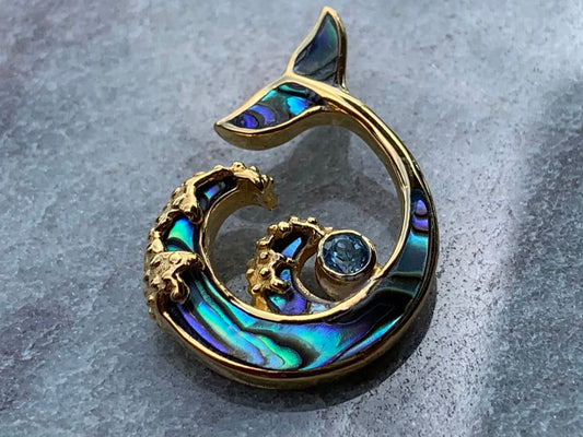 Whale Tail and Wave Swiss Blue Topaz 18k Gold Vermeil Necklace Pendant