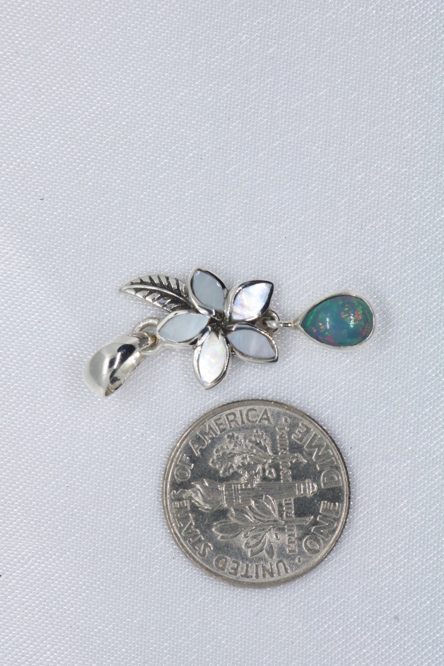 Opal Plumeria Flower Silver Mother of Pearl Necklace Pendant
