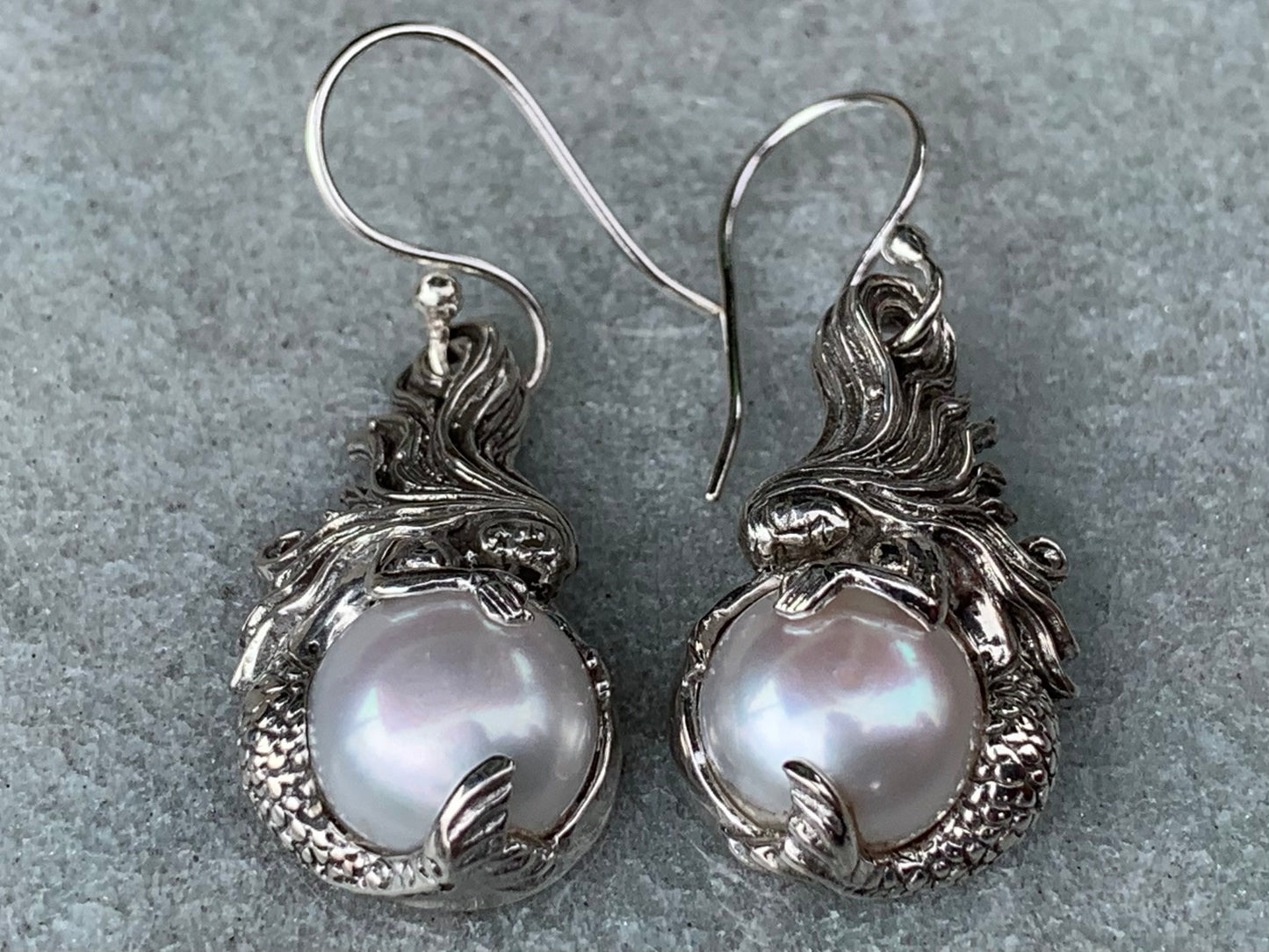 Mermaid White Mabe Pearl Silver Earrings