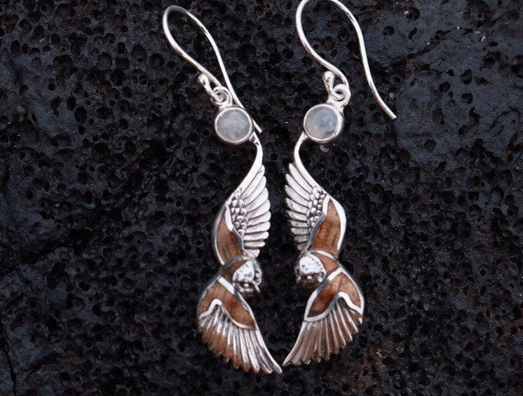 Owl Hawaiian Pueo Aumakua Earrings. Moonstone, Hawaiian Koa Wood, Mother of Pearl, Sterling Silver