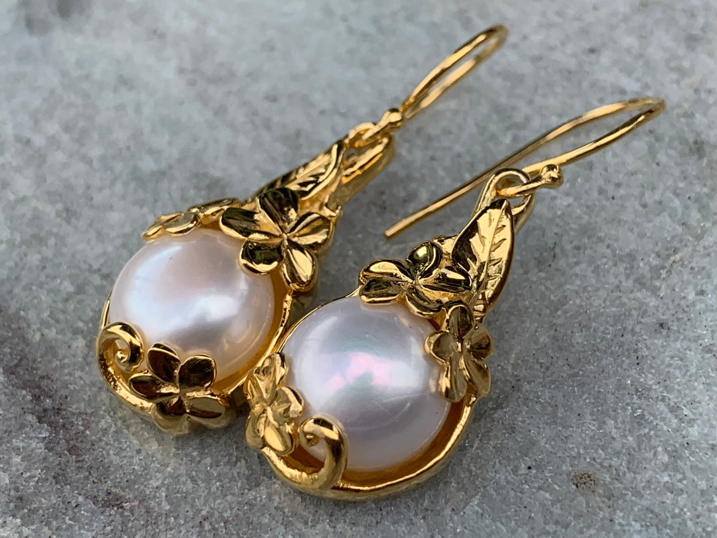 18k gold vermeil white mabe pearl plumeria flower earrings.