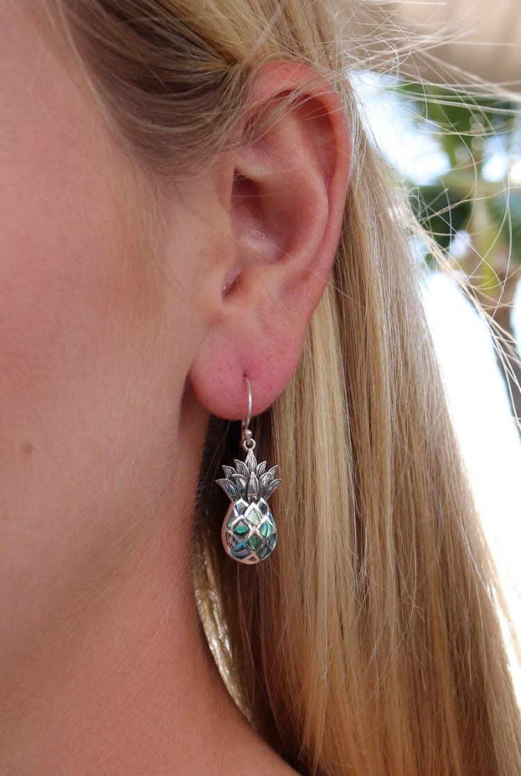 Pineapple Fruit Earrings | Paua Abalone Shell | Sterling Silver | Gift | Jewelry | Handmade | Unique