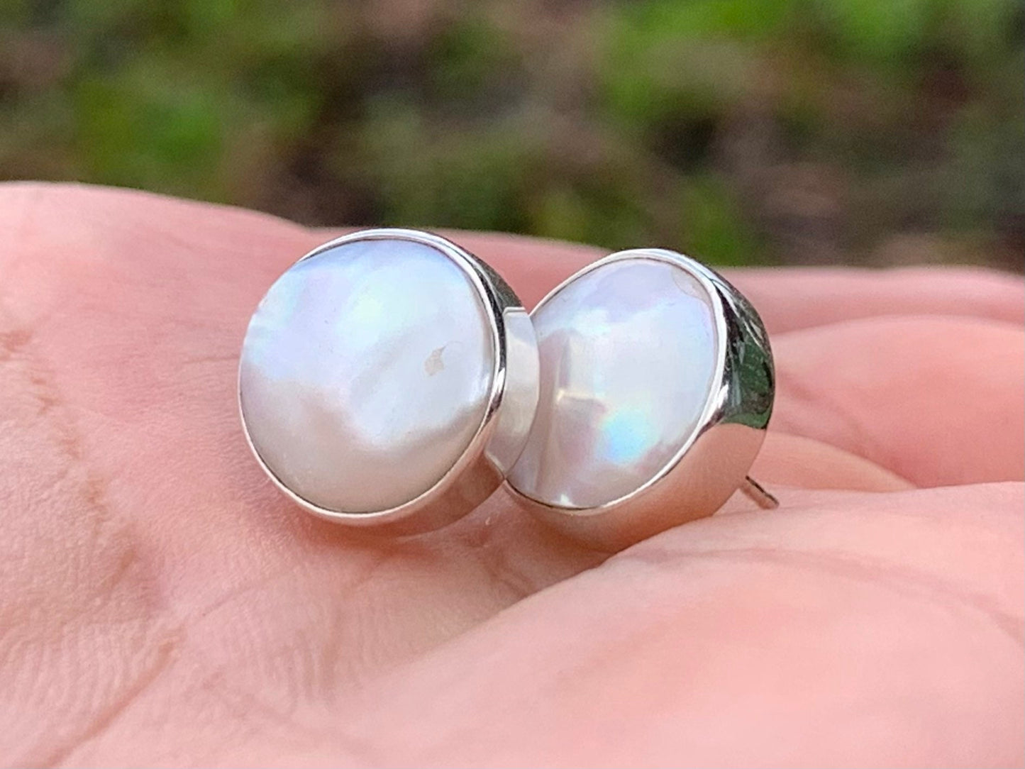 Coin Pearl Earrings Stud. Sterling Silver.