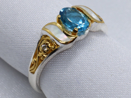 Swiss blue topaz ring, 2 x 1.5mm diamonds, mother of pearl, 18k gold, silver.