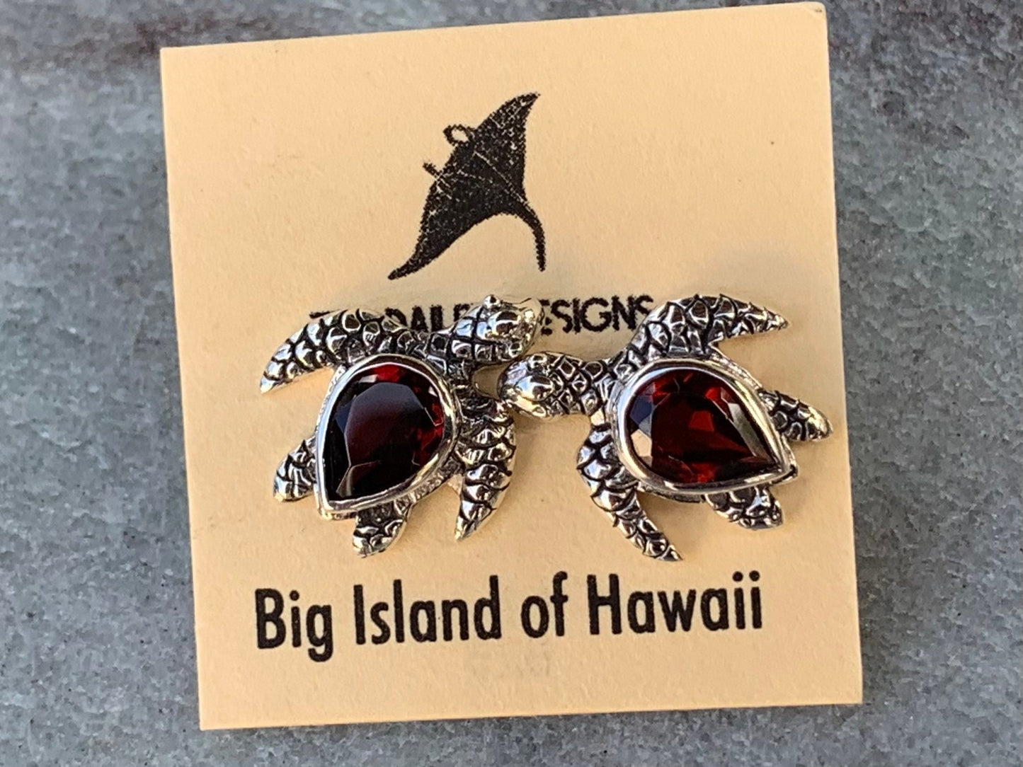 Honu Turtle Garnet Earrings Silver Studs