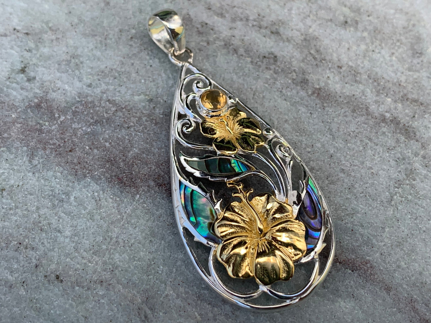 Hibiscus Flower Necklace Pendant. State Flower of Hawaii. Silver, Gold, Abalone Shell, Citrine.