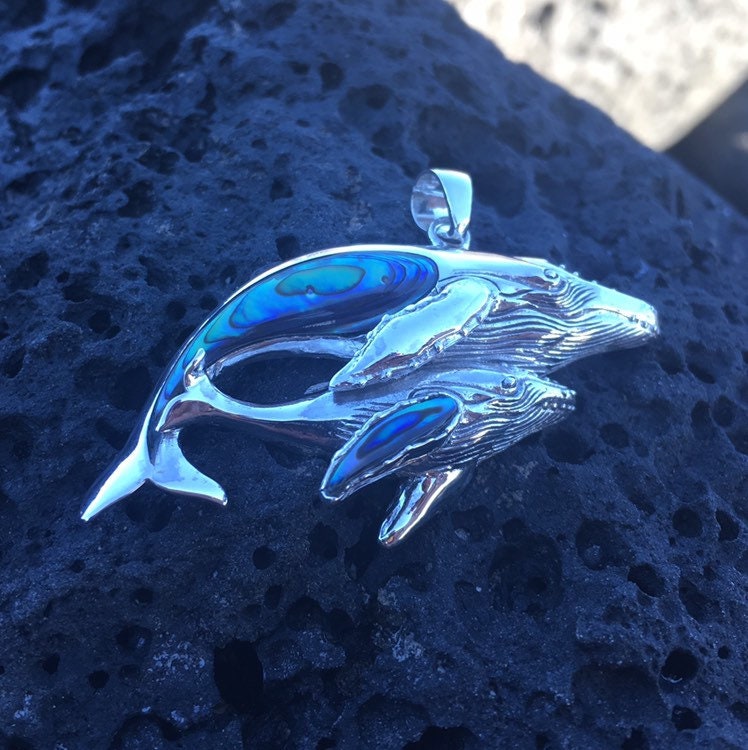 Mother and Baby Whale Necklace Pendant. Sterling Silver, Abalone Paua Shell.