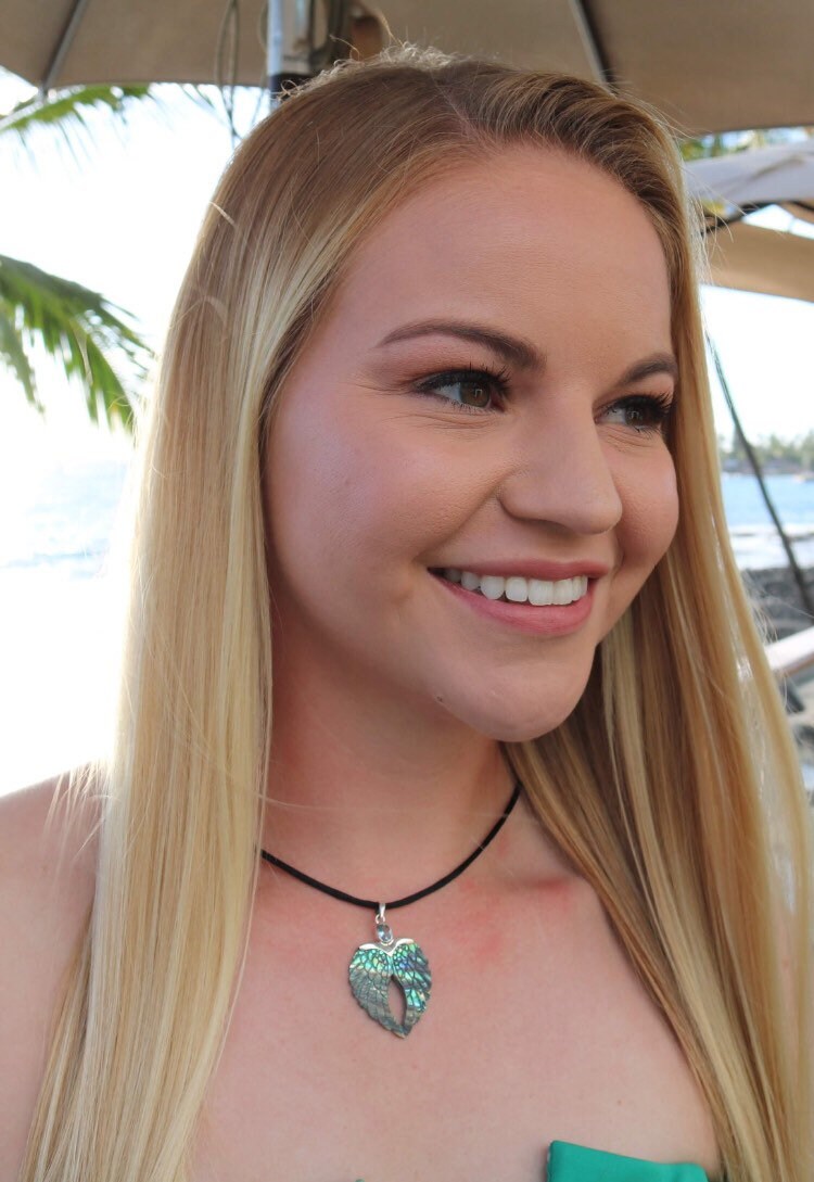 Angel Wings Heart Mother of Pearl Shell Necklace Pendant with Blue Topaz. Sterling Silver.