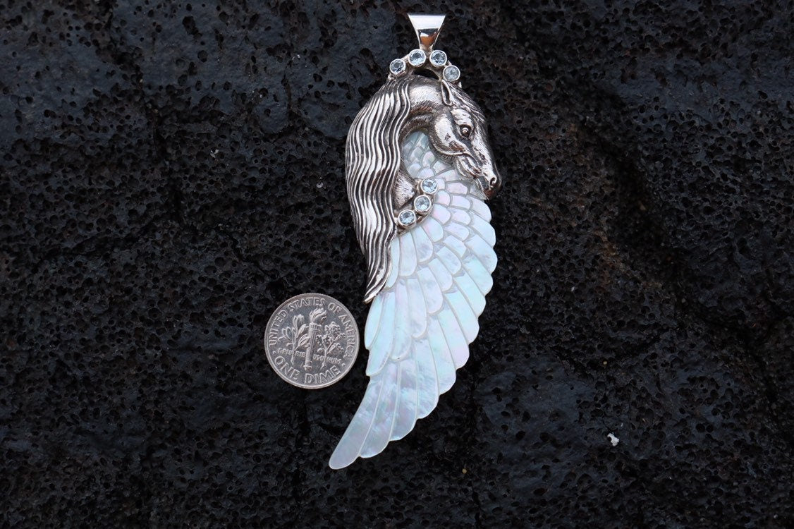 Pegasus Horse Wings Cowgirl Jewelry Necklace Pendant. Sterling Silver, Blue Topaz, Mother of Pearl.