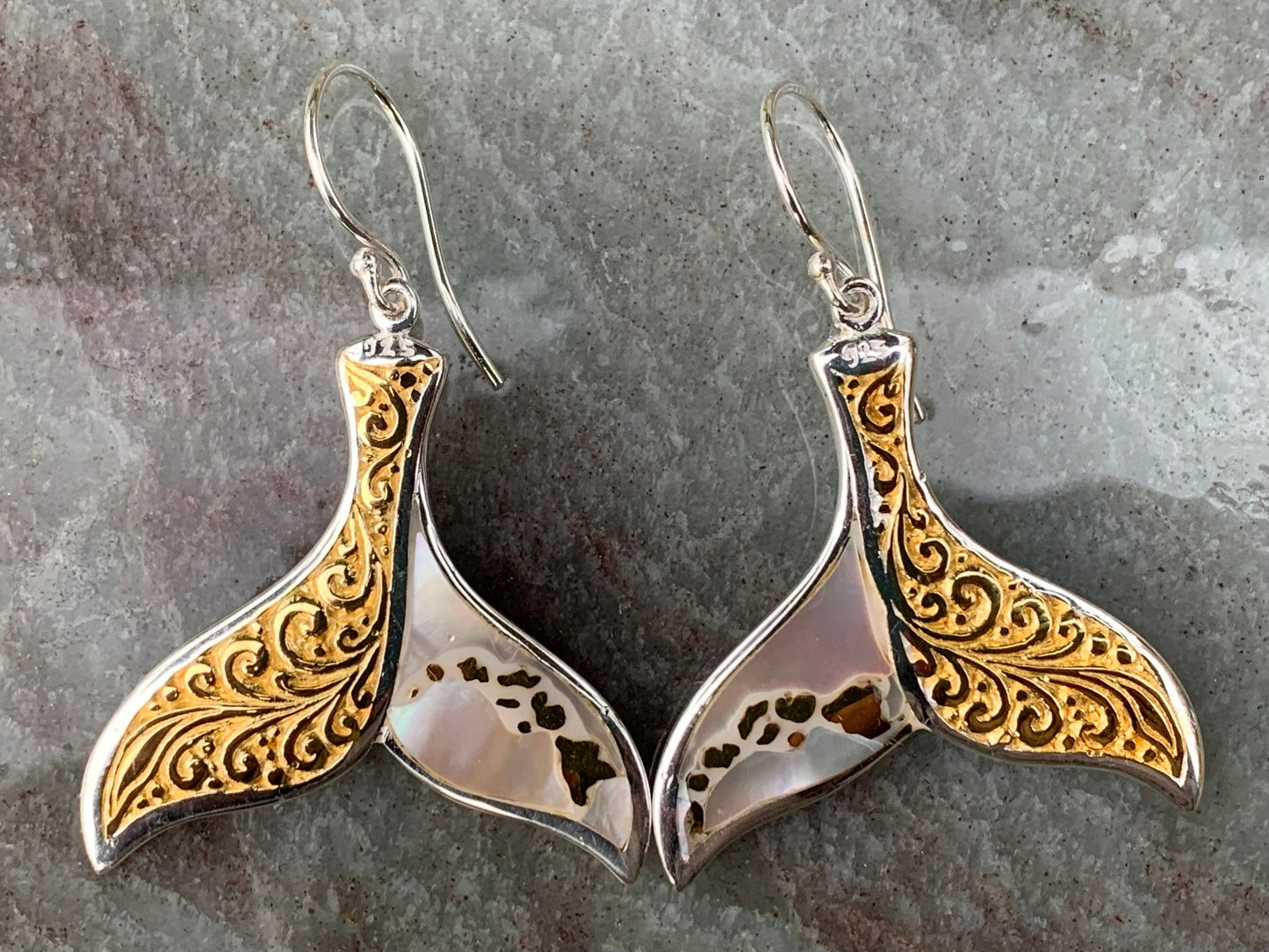 Hawaiian Islands Whale Tail Earrings. Kauai, Oahu, Maui, Big Island of Hawaii. Gold, Silver, Mother of Pearl.