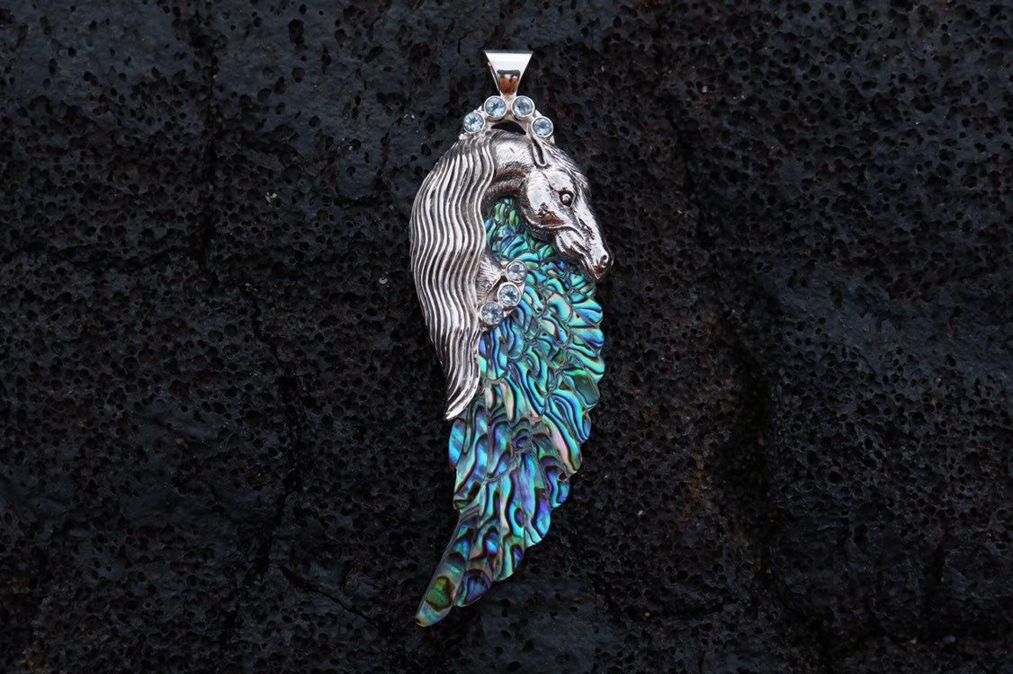 Pegasus Horse Wings Cowgirl Jewelry Necklace Pendant. Sterling Silver, Blue Topaz, Abalone Shell.