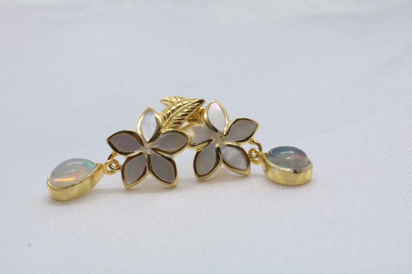 Opal Plumeria Flower 18K Gold Mother of Pearl Stud Earrings