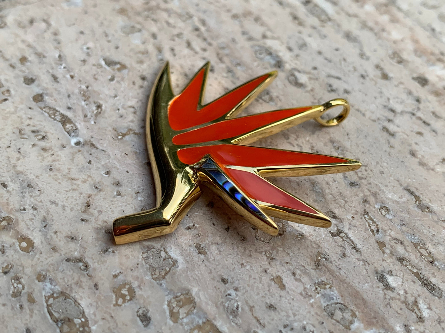 Bird of Paradise 18k Gold Vermeil Flower Necklace Pendant. Red Coral, Sterling Silver, Abalone Shell.
