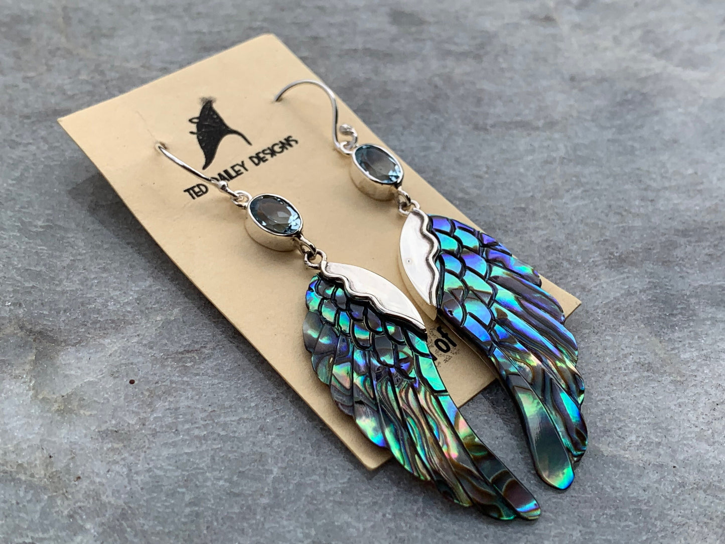 Angel Wings Earrings | Paua Abalone Shell | Sterling Silver | Blue Topaz | Gift | Jewelry | Handmade | Unique