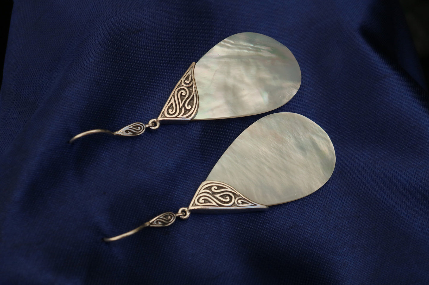 Mother of Pearl Teardrop Earrings Tribal Design. Sterling Silver.