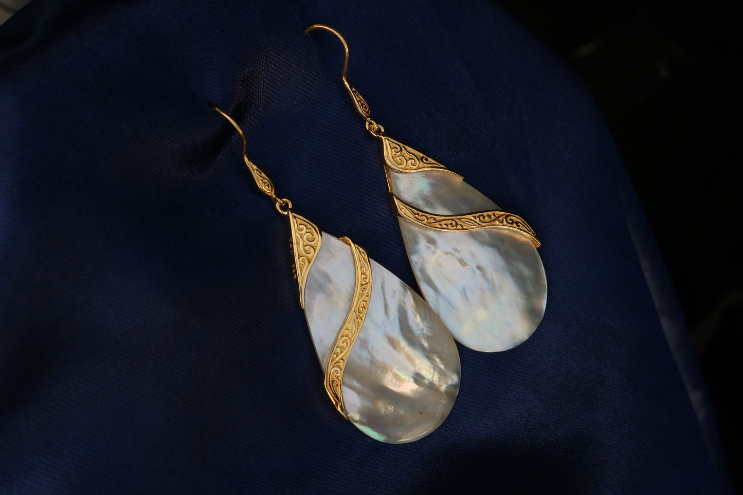 18K Gold Vermeil Mother of Pearl Teardrop Earrings Double Tribal Design. Sterling Silver.