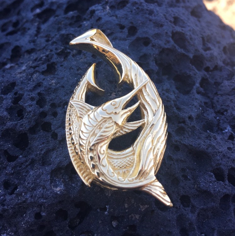 18K Gold Vermeil Makau Fishing Hook Marlin Necklace Pendant.