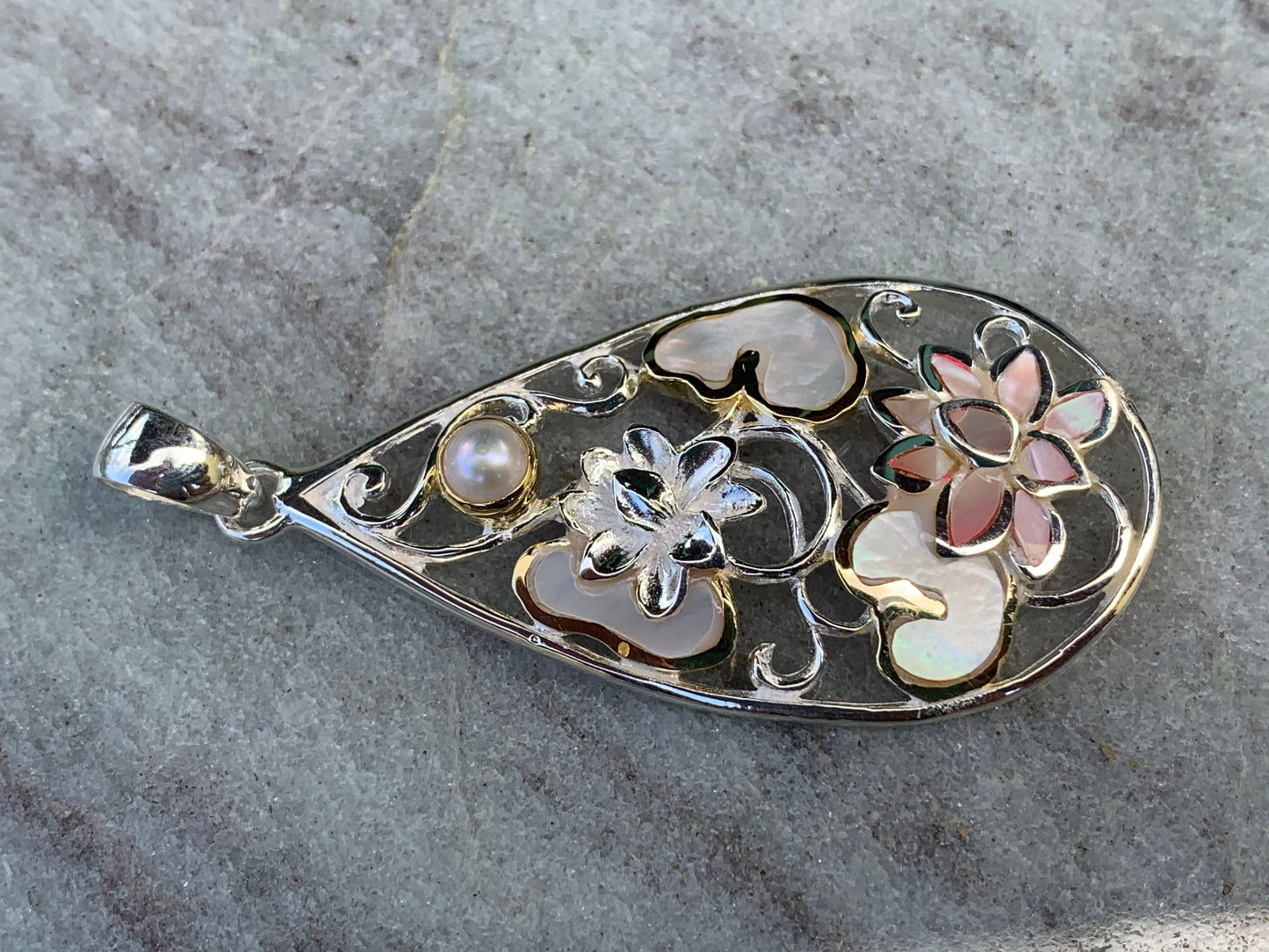 Pink Lotus Flower Necklace Pendant. Sterling Silver, Pearl, Gold, Mother of Pearl.