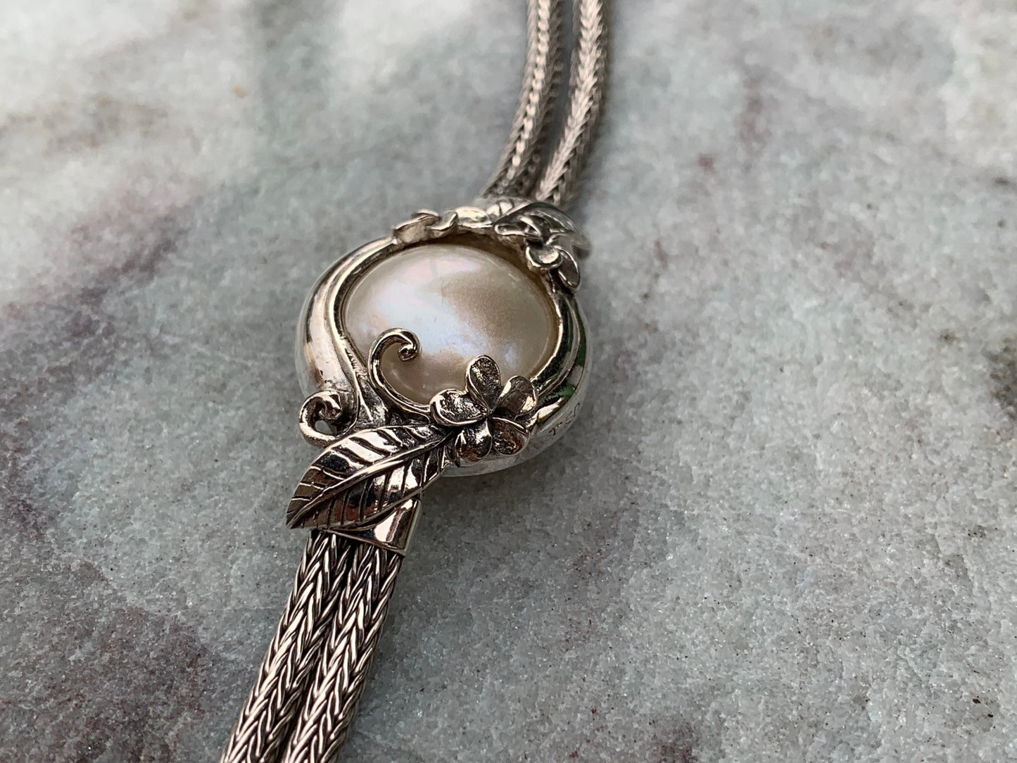 Plumeria Flower White Pearl Mabe Silver Bracelet.