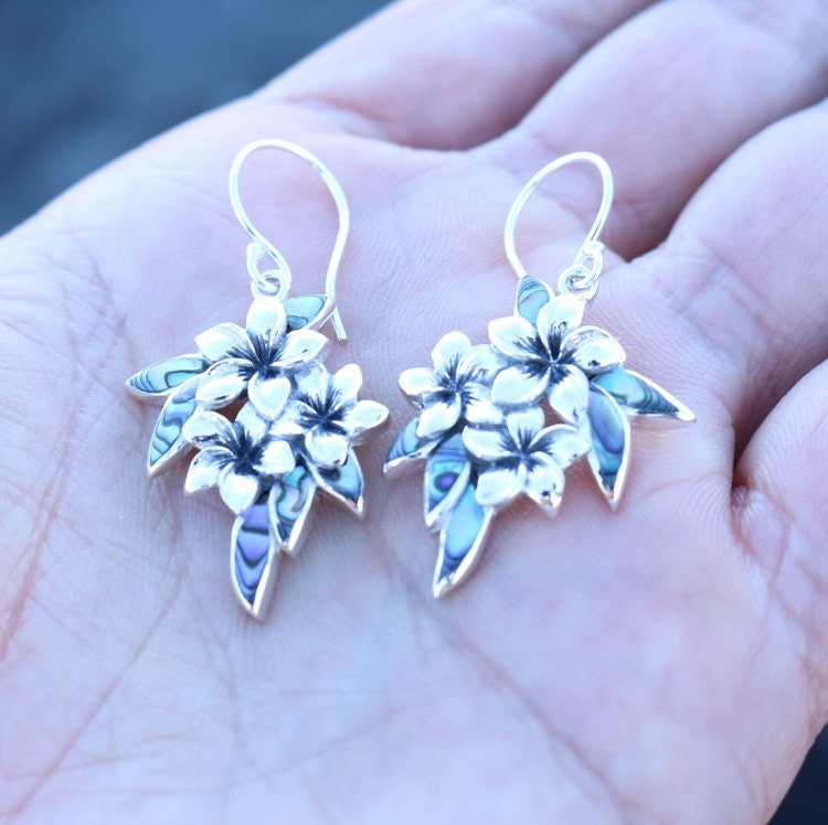 Plumeria Flowers Earrings. Abalone Paua Shell, Sterling Silver.