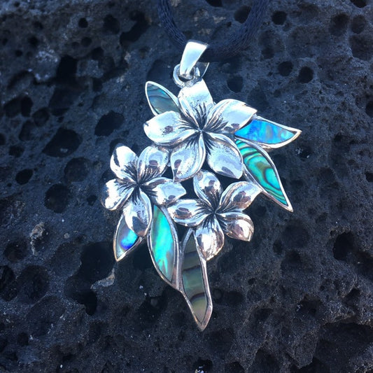 Plumeria Flowers Necklace Pendant. Abalone Paua Shell. Sterling Silver.