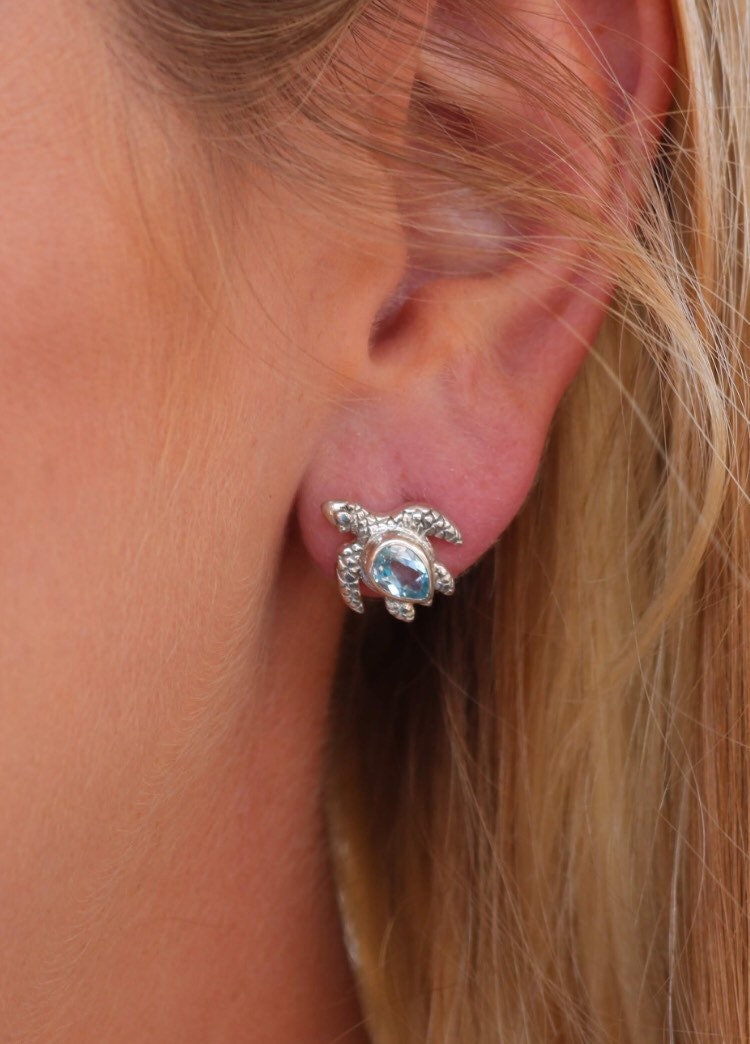 Sea Turtle Stud Earrings | Blue Topaz | Sterling Silver | Ocean | Beach | Gift | Jewelry | Handmade | Unique