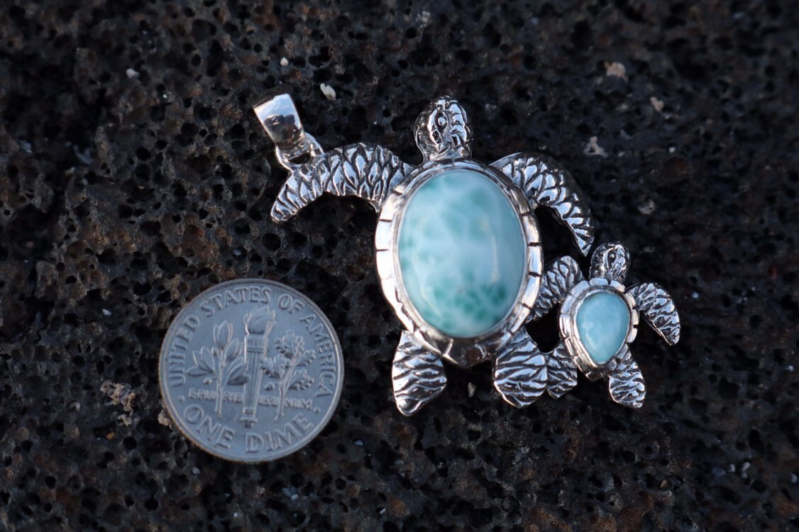 Larimar Turtle and Baby Necklace Pendant Jewelry. Sterling Silver.
