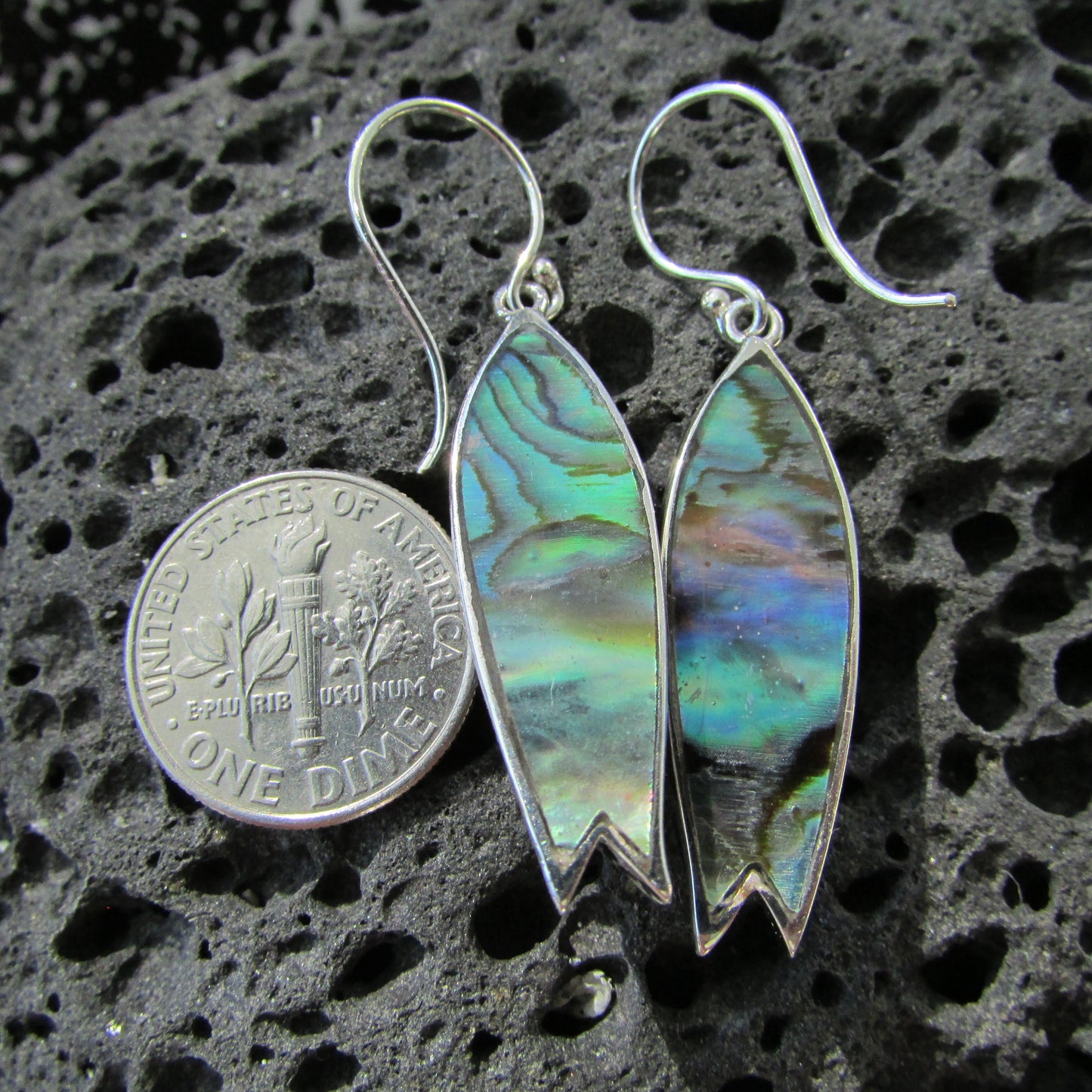 Surfboard Manta Ray Earrings. Abalone Paua Shell. Sterling Silver.