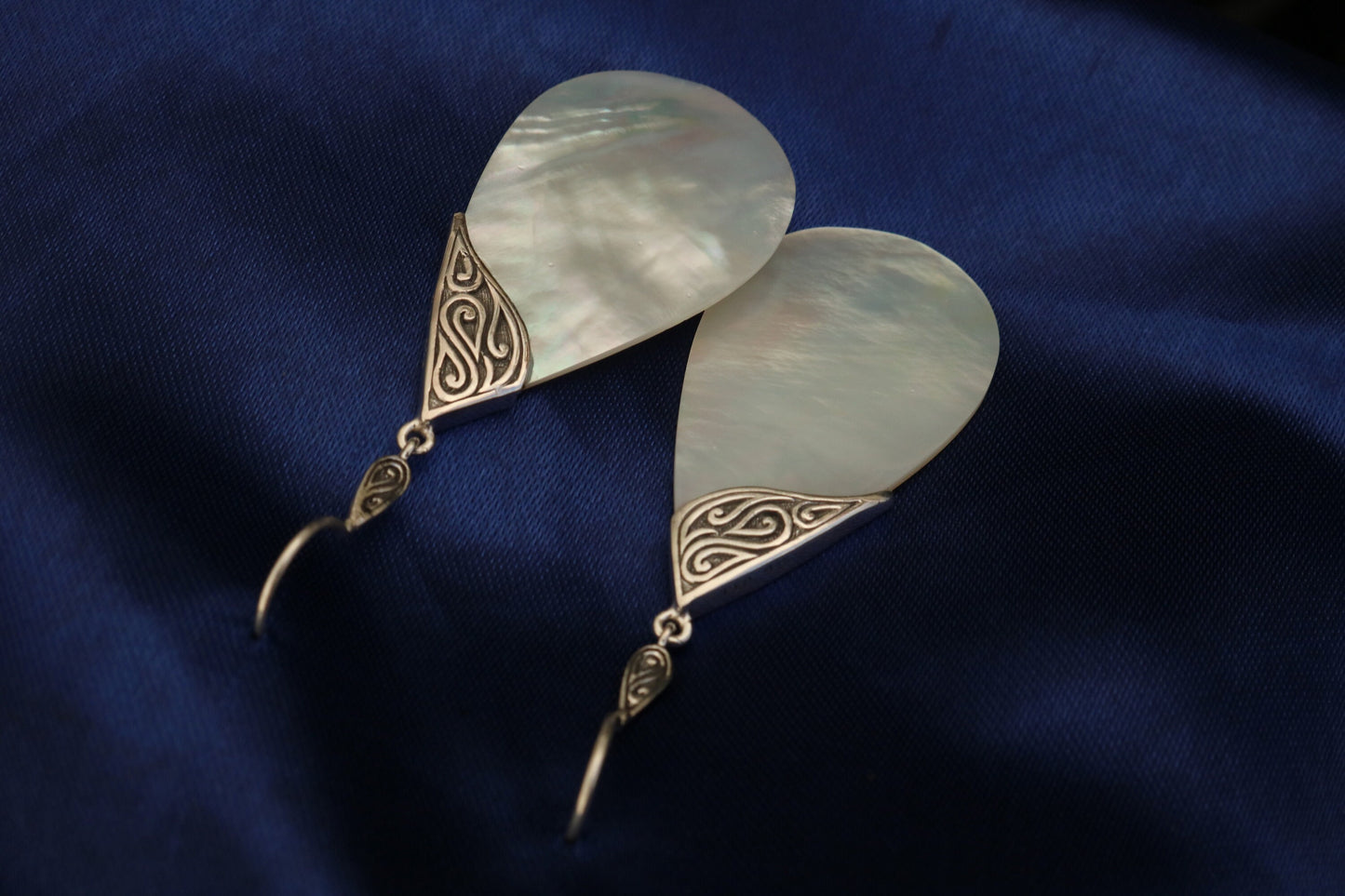 Mother of Pearl Teardrop Earrings Tribal Design. Sterling Silver.
